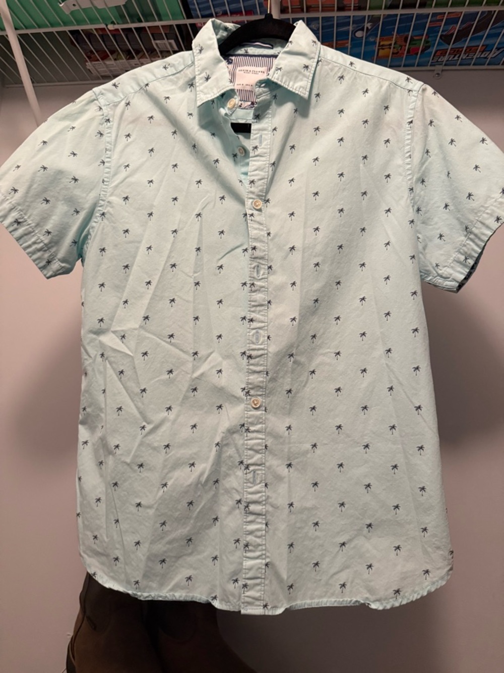 Denim & Flower Mint Green Palm Tree Print Short Sleeve Button-Down Shirt
